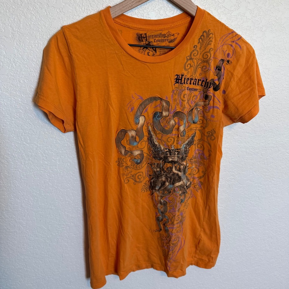 Y2K Cyber Grunge Hierarchy Couture Rhinestone Graphic Tee Large Orange - Picture 2 of 4